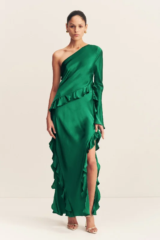 ELLE SILK ASYMMETRICAL ONE SHOULDER RUFFLE MAXI DRESS - EMERALD GREEN Tunics Chic fashionable