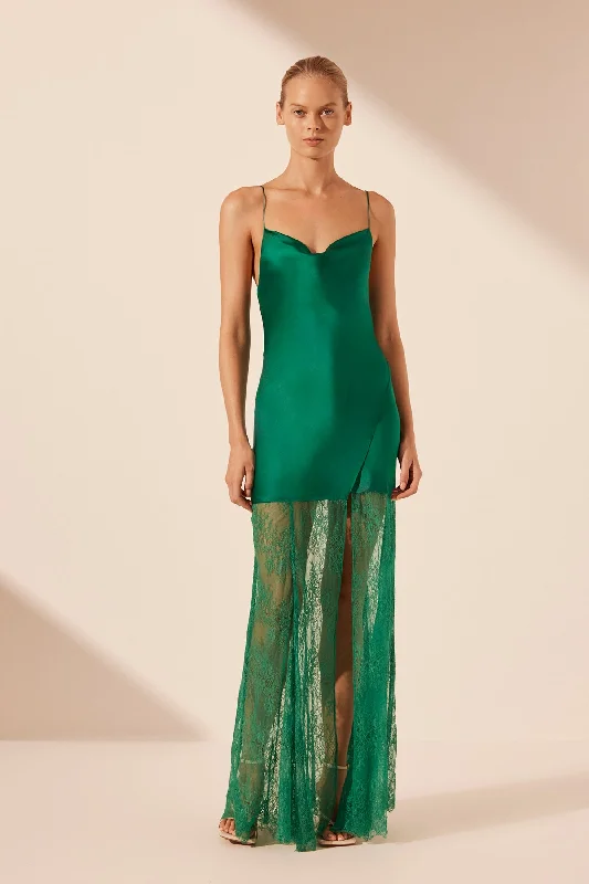 ELLE SILK LACE COWL MAXI DRESS - EMERALD GREEN Tunics Luxurious premium