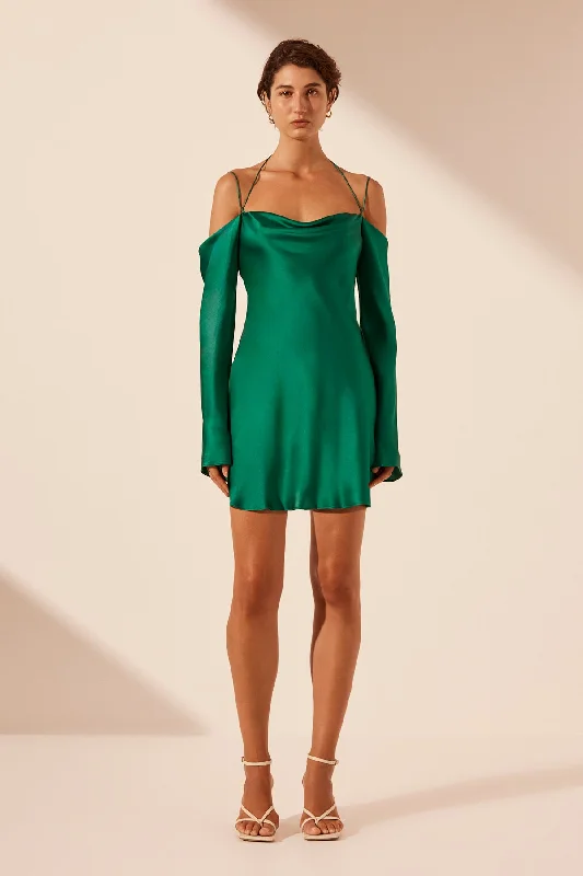 ELLE SILK OFF THE SHOULDER TIE MINI DRESS - EMERALD GREEN Tunics Cozy comfortable