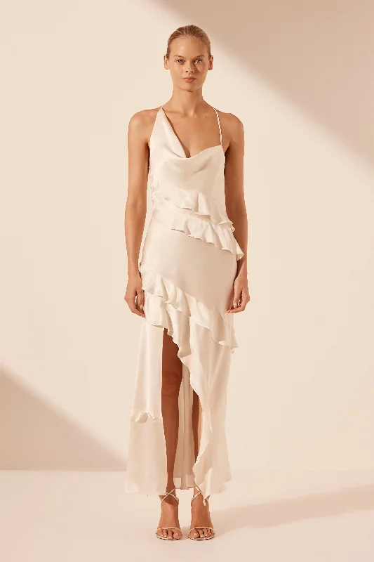 LOUELLA SILK ASYMMETRICAL RUFFLE MAXI DRESS - IVORY Tunics Modern contemporary