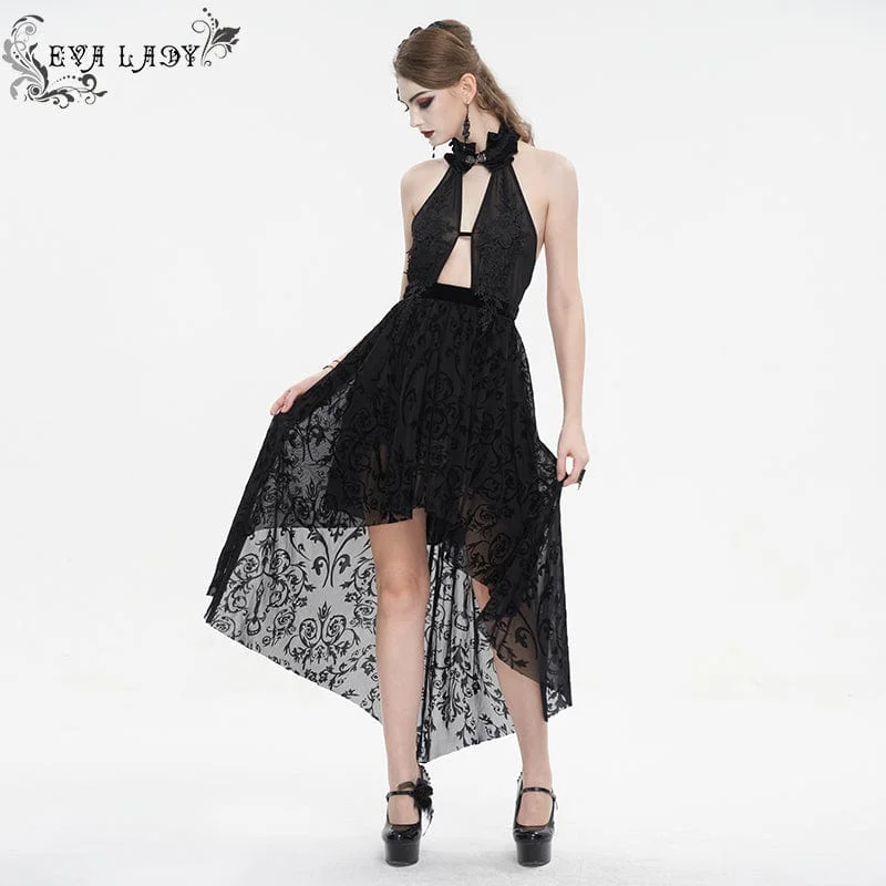 Women's Gothic Floral Embroidered Halterneck Mesh Dress