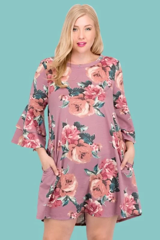 Easy French Terry Floral Print Dress - Dusty Rose