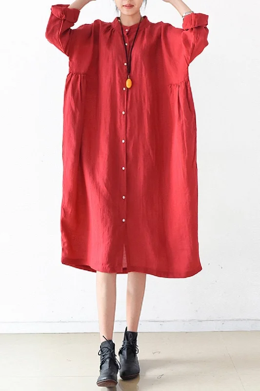 Red Women Loose Fitting Gown Single Breasted Large Size Maxi Dress Long Shirt Dress Q0805