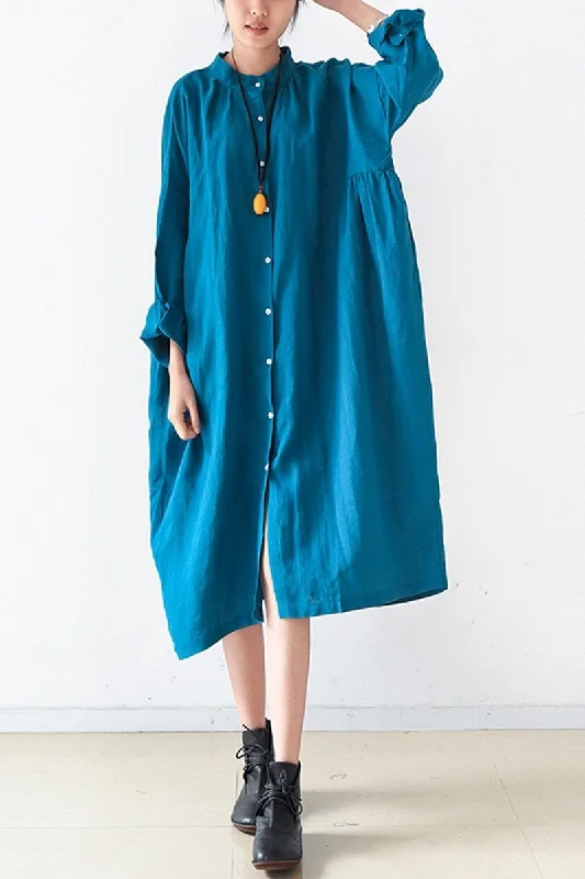 Blue Women Loose Fitting Gown Single Breasted Large Size Maxi Dress Long Shirt Dress Q0805