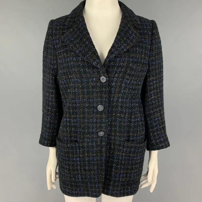 CHANEL Size 18 Navy Gold Cotton Blend Metallic Single Breasted Coat