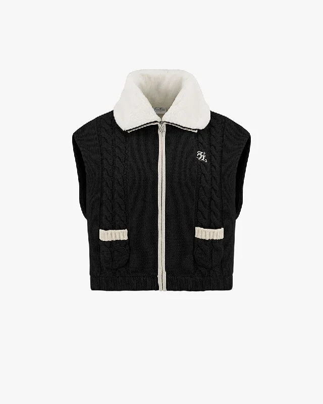 Fur Collar Windproof Knit Vest - Black