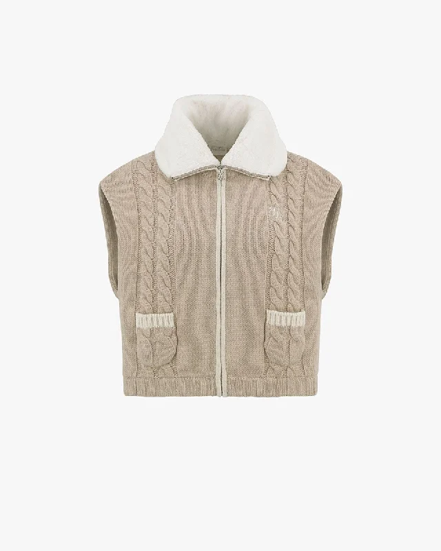 Fur Collar Windproof Knit Vest - Beige