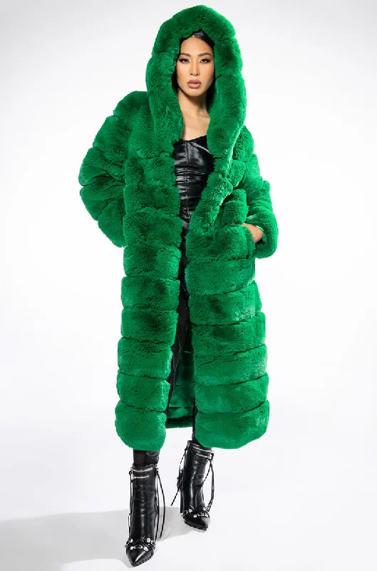 LUXE JENNY FAUX FUR LONG COAT IN GREEN