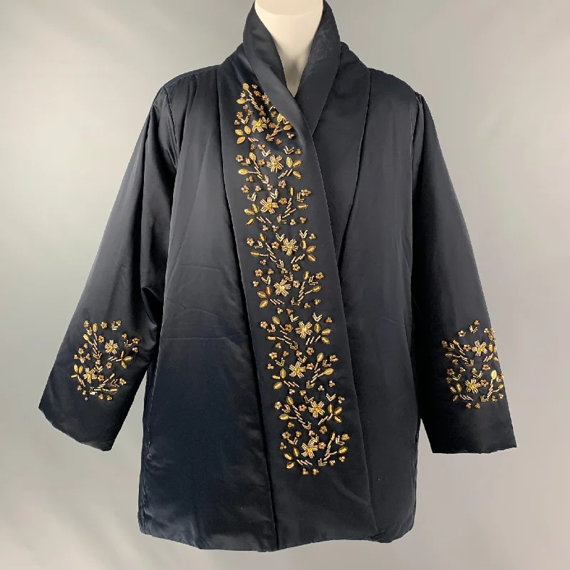 MARINA RINALDI Size 16 Black & Gold Polyester Padded 3/4 Sleeves Coat