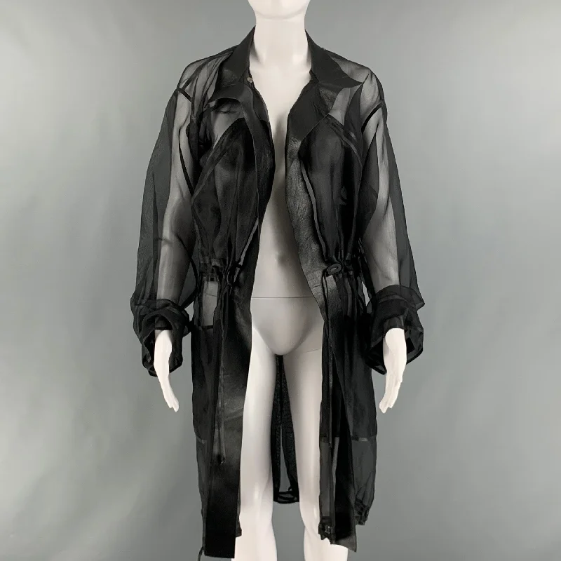 RALPH LAUREN Size S Black Silk See Through Leather Trim Drawstring Coat