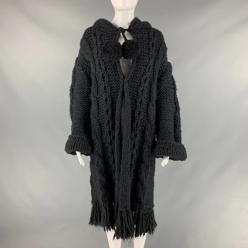 SAINT LAURENT Size M Black Wool Blend Open Front Cable Knit Cardigan Coat