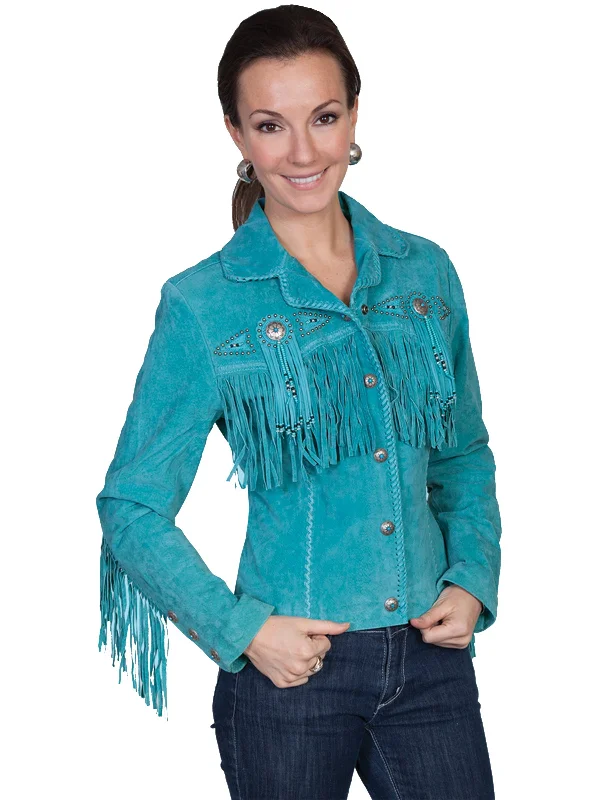 Scully Leather Womens Beaded Fringe Conchos Boar Suede Jacket Turquoise 3X