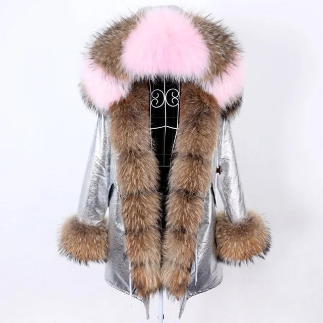 Women's Stylish Silver Color Hooded Long-Sleeved Winter Jacket with Fur Collar