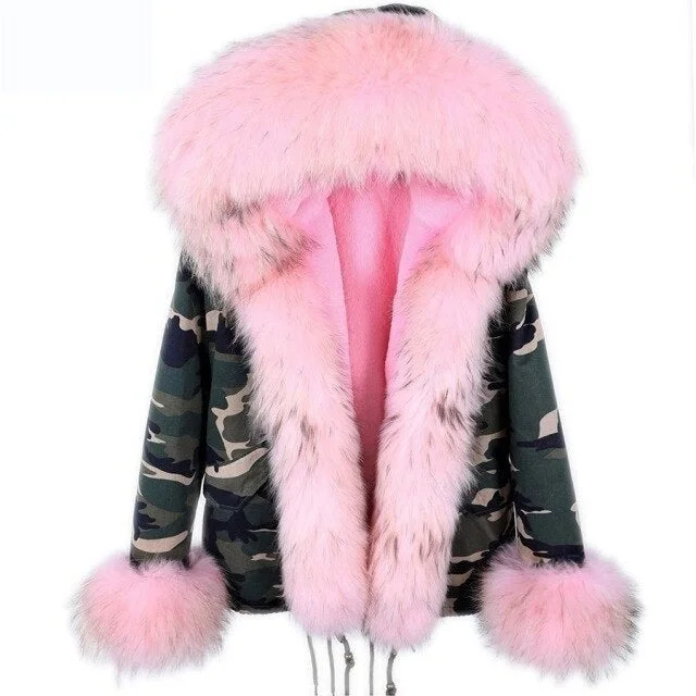 Women's Winter Style Thick Warm Natural Racoon Fur Sleeves and Collar Parkas