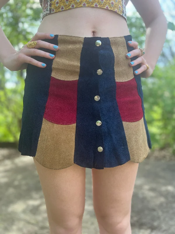 70s Blue Suede Colorblock Mini Skirt