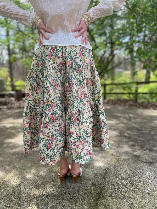 70s Vintage Pink Green Floral Cotton Prairie Skirt