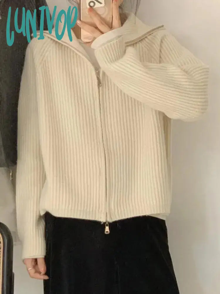 Lunivop Casual Knitted Cardigan Sweaters Women Autumn Vintage Zip-up Solid Loose Long Sleeve Tops Knitwear Chic Kpop