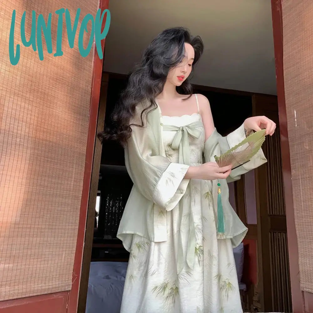 Lunivop Elegant Women Dress New Chinese Style Two Pieces Sets Vintage Slip Dress Sweet Casual Cardigan Overall Ladies Outfit Summer