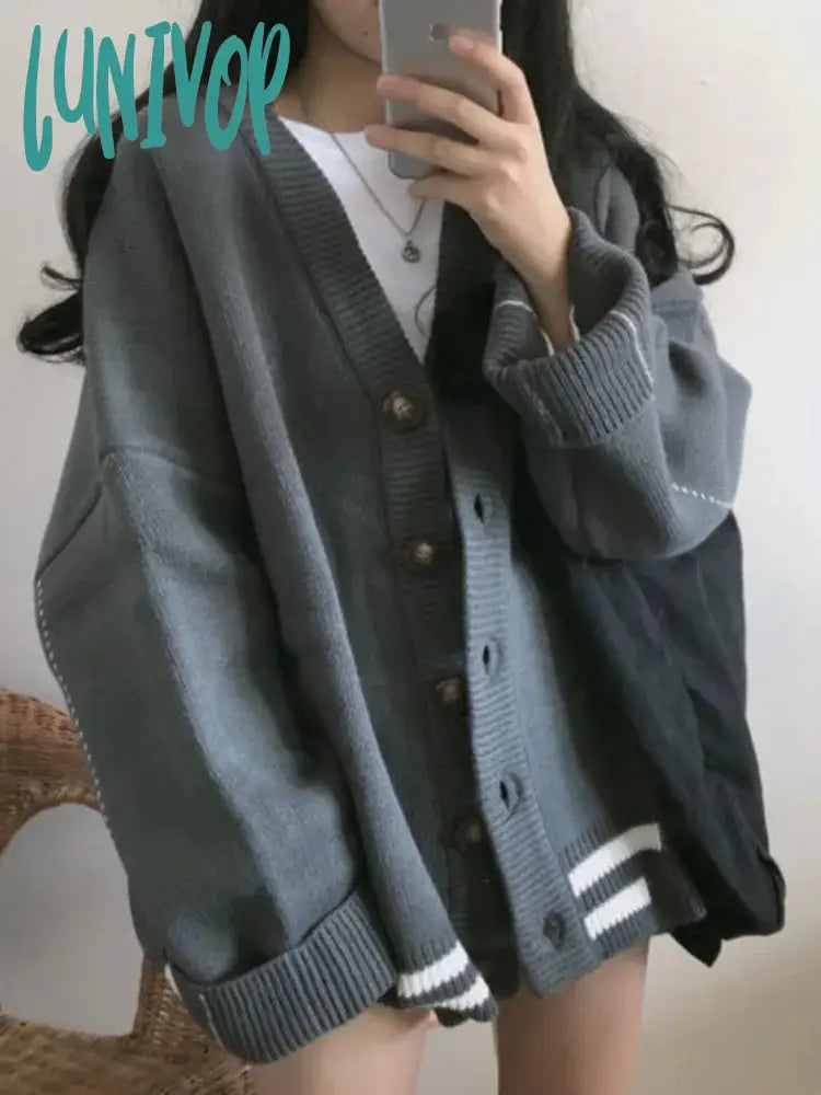 Lunivop Knitted Cardigan Sweaters Women Preppy Style School Warm Tops Knitwear Autumn Korean Fashion Kpop Patchwork