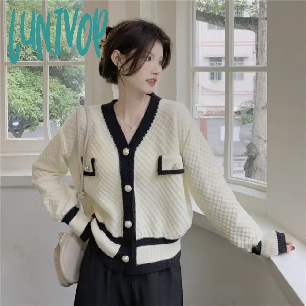 Lunivop Korean Fashion Chic Vintage Sweater Retro Casual Lazy Sweaters For Women Knitted V-Neck Cardigans Elegant Tops Outwear