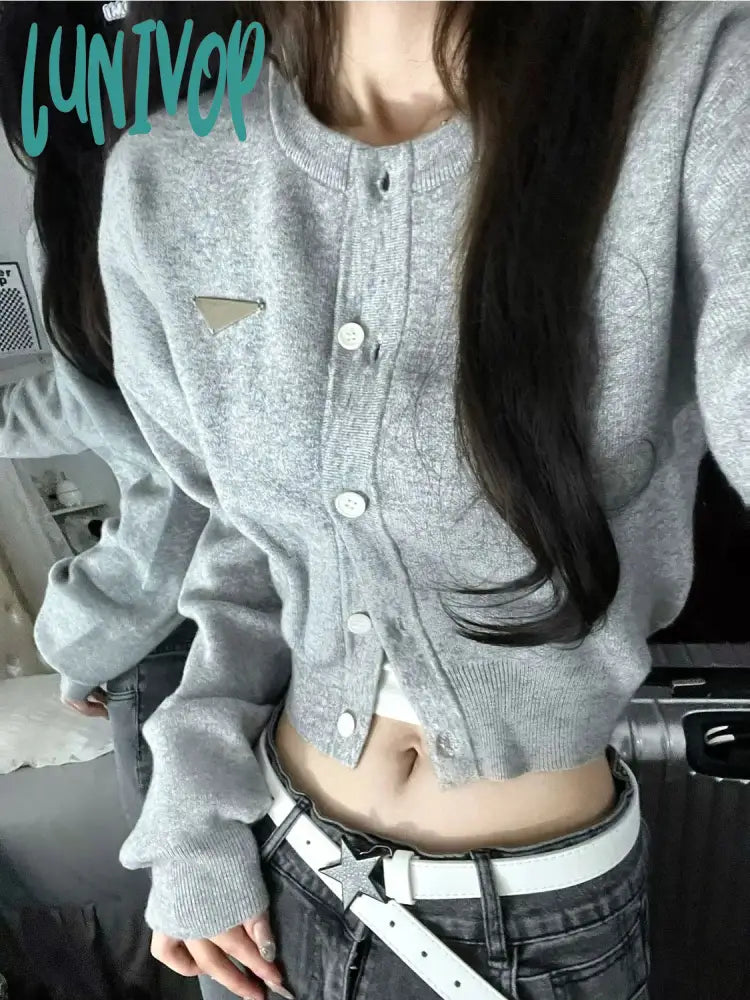 Lunivop Korean Fashion Gray Knitted Cardigan Women Harajuku Casual Black Cropped Cardigan Kpop Sweater Long Sleeve Tops Autumn