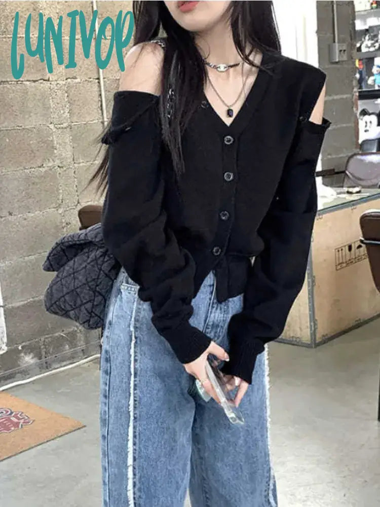 Lunivop Korean Fashion Oversized Cardigan Women Harajuku V-neck Knitted Jumper Sweet Sexy Off Shoulder Long Sleeve Crop Top Y2K