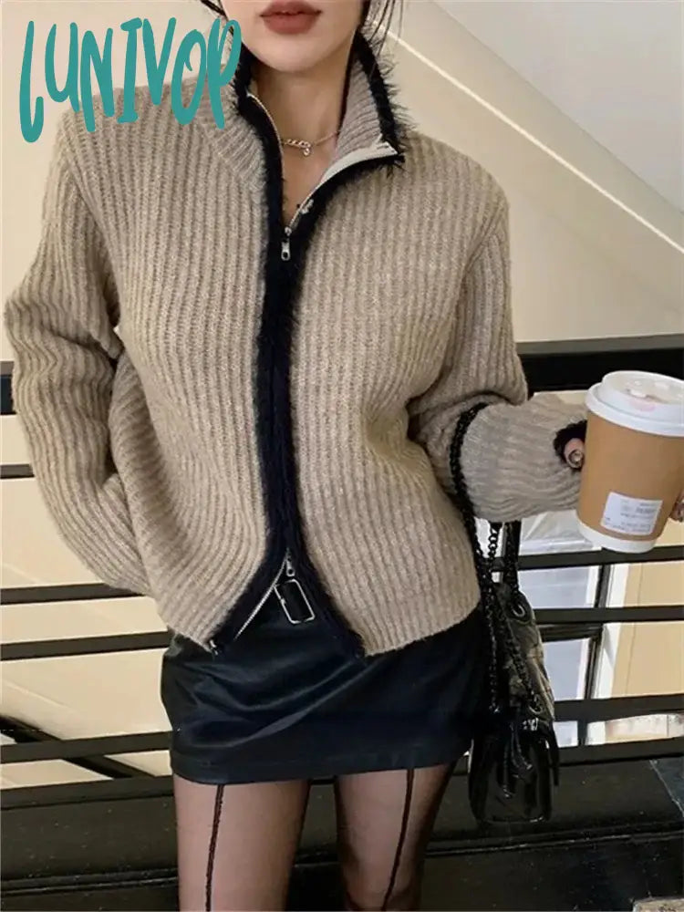 Lunivop Vintage Zip Up Knitted Cardigan Women Korean Style Cropped Sweater Female Casual Loose Long Sleeve Tops Autumn Winter